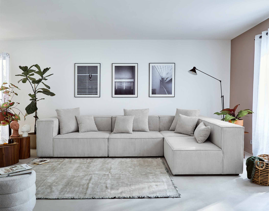 Canapé modulable d'angle droit 6 places en velours côtelé Colombine