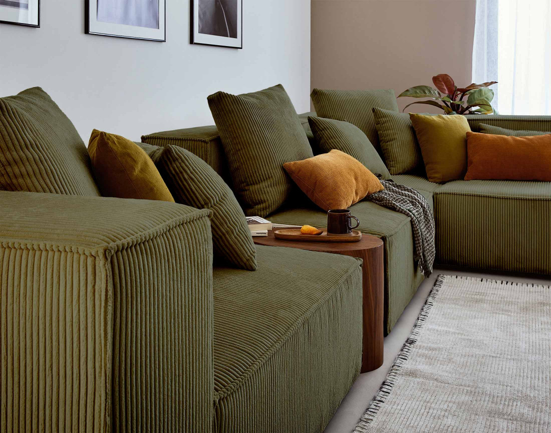 Canapé modulable d'angle droit 6 places en velours côtelé Colombine