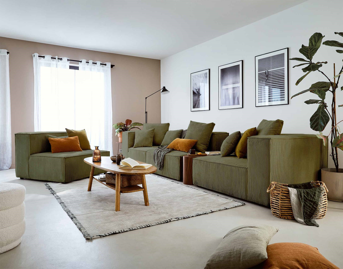 Canapé modulable d'angle gauche 6 places en velours côtelé Colombine