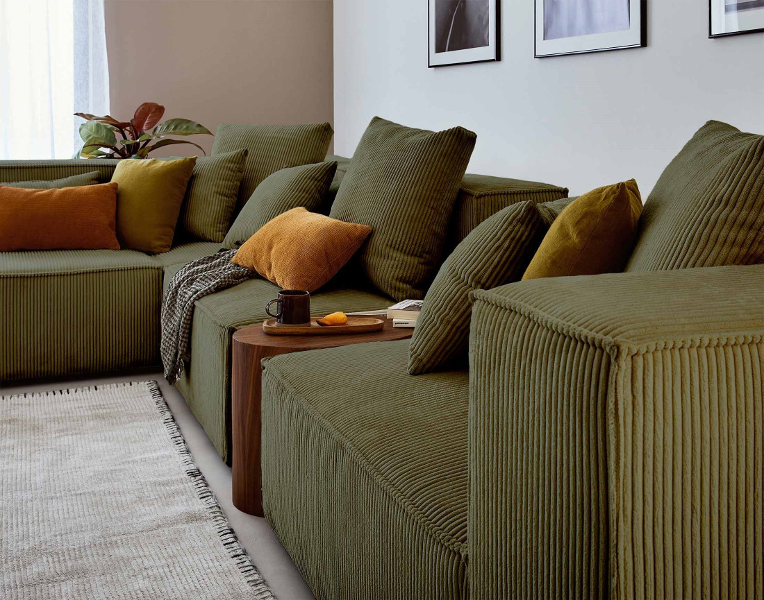 Canapé modulable d'angle gauche 6 places en velours côtelé Colombine