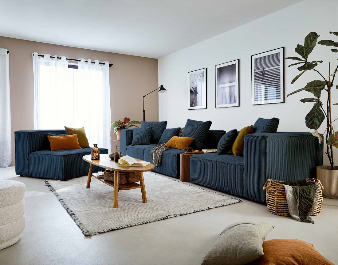 Canapé modulable d'angle gauche 6 places en velours côtelé Colombine