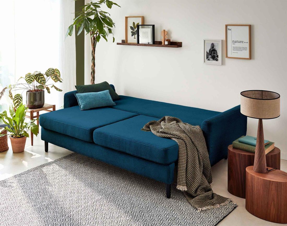 Canapé 3 places convertible avec coffre en velours côtelé Dan