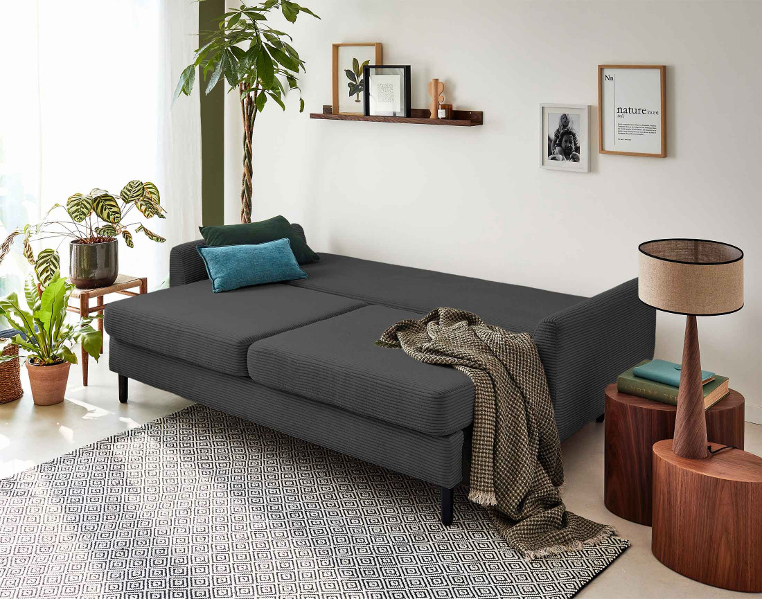 Canapé 3 places convertible avec coffre en velours côtelé Dan