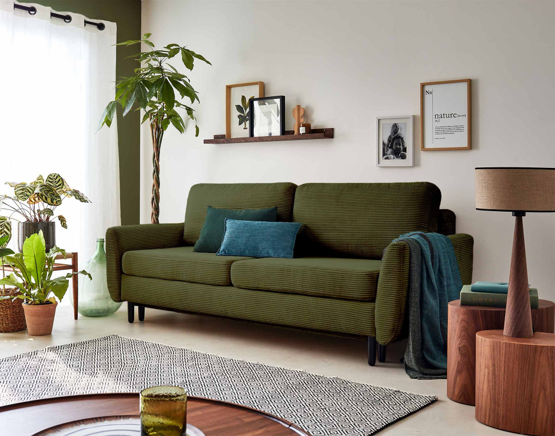 Canapé 3 places convertible avec coffre en velours côtelé Dan