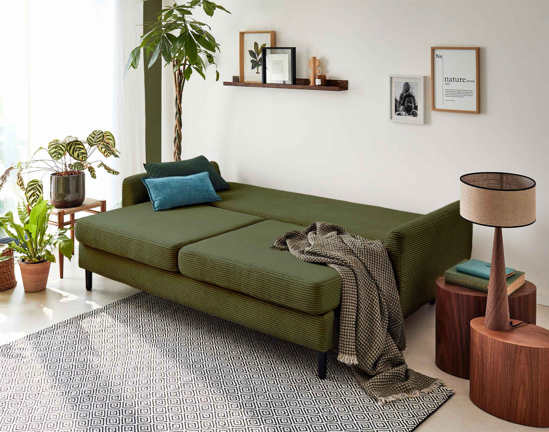 Canapé 3 places convertible avec coffre en velours côtelé Dan