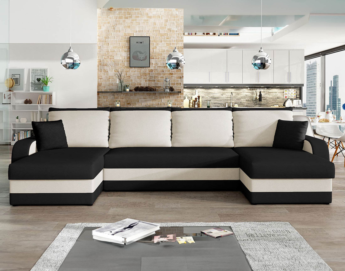 Canapé panoramique en U convertible avec coffres 7 places en velours Valos