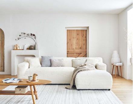 Canapé d'angle droit 4 places en fausse fourrure côtelée Laponie