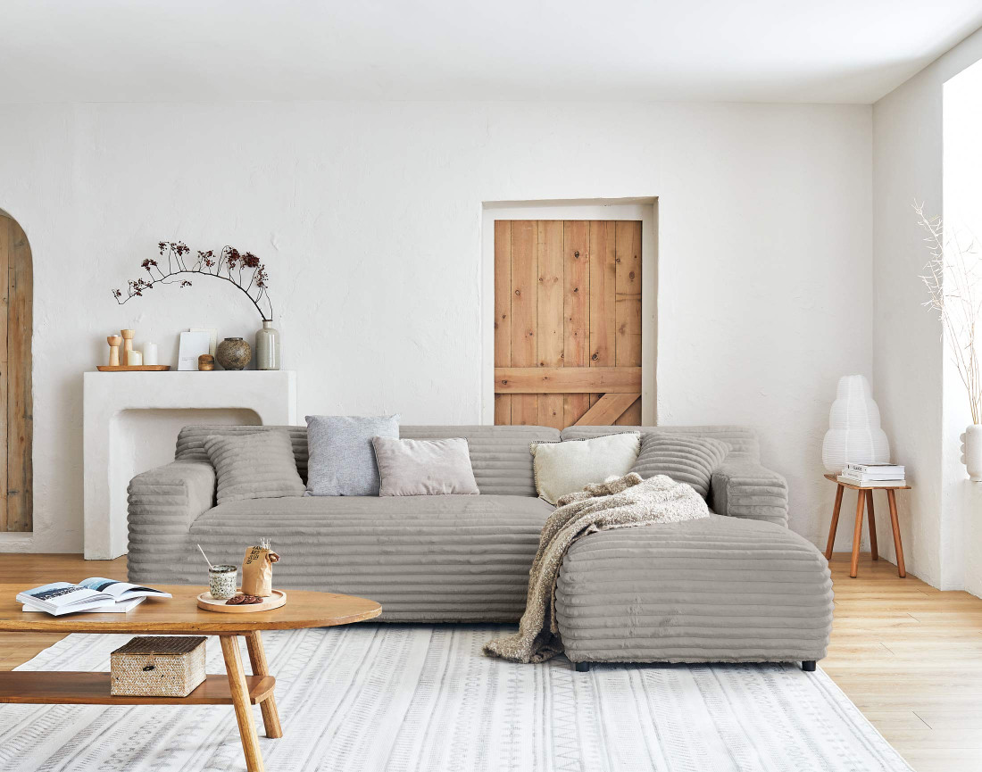 Canapé d'angle droit 4 places en fausse fourrure côtelée Laponie