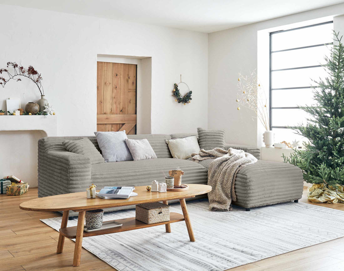 Canapé d'angle droit 4 places en fausse fourrure côtelée Laponie