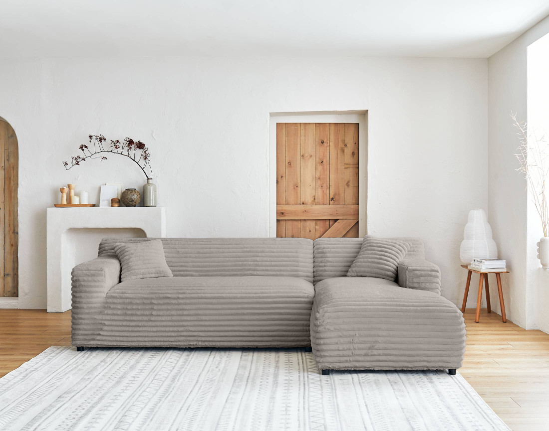 Canapé d'angle droit 4 places en fausse fourrure côtelée Laponie