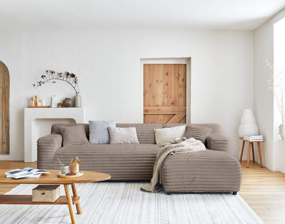 Canapé d'angle droit 4 places en fausse fourrure côtelée Laponie