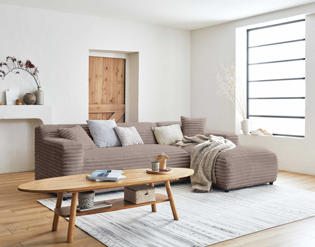 Canapé d'angle droit 4 places en fausse fourrure côtelée Laponie