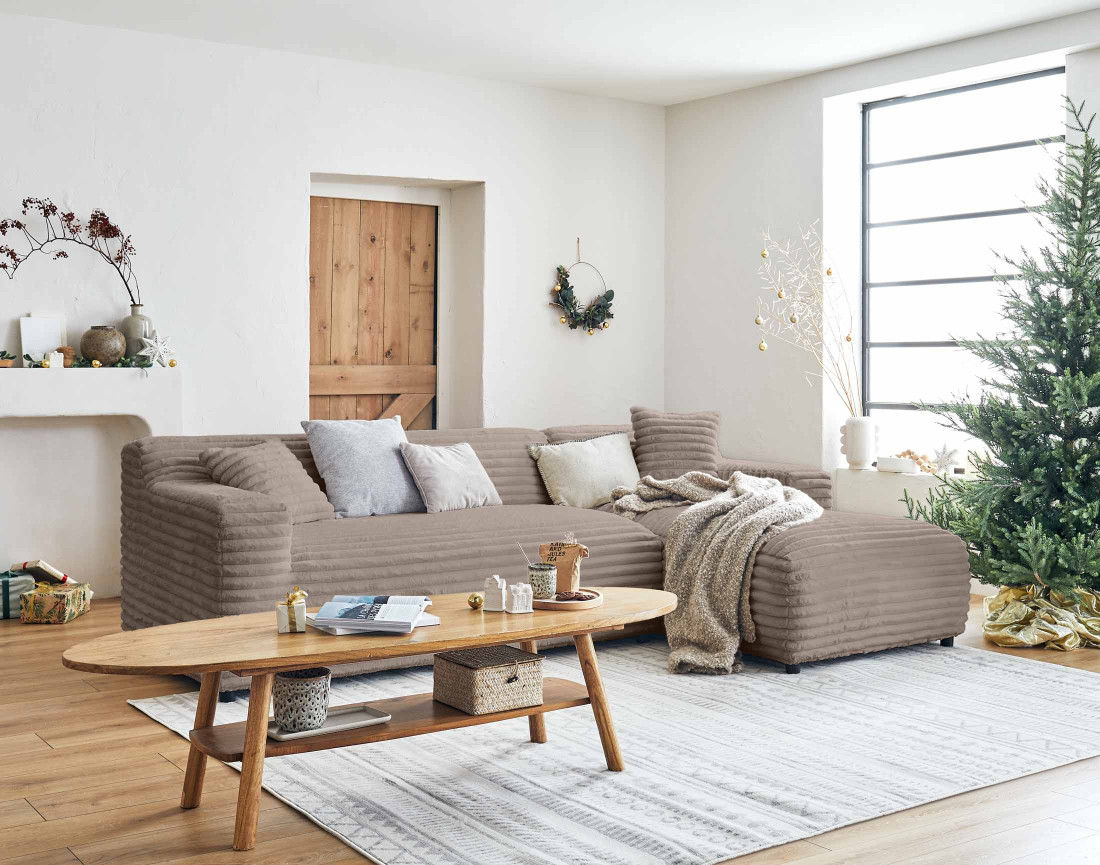 Canapé d'angle droit 4 places en fausse fourrure côtelée Laponie