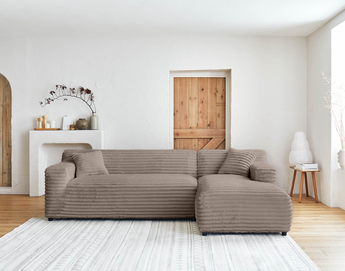 Canapé d'angle droit 4 places en fausse fourrure côtelée Laponie