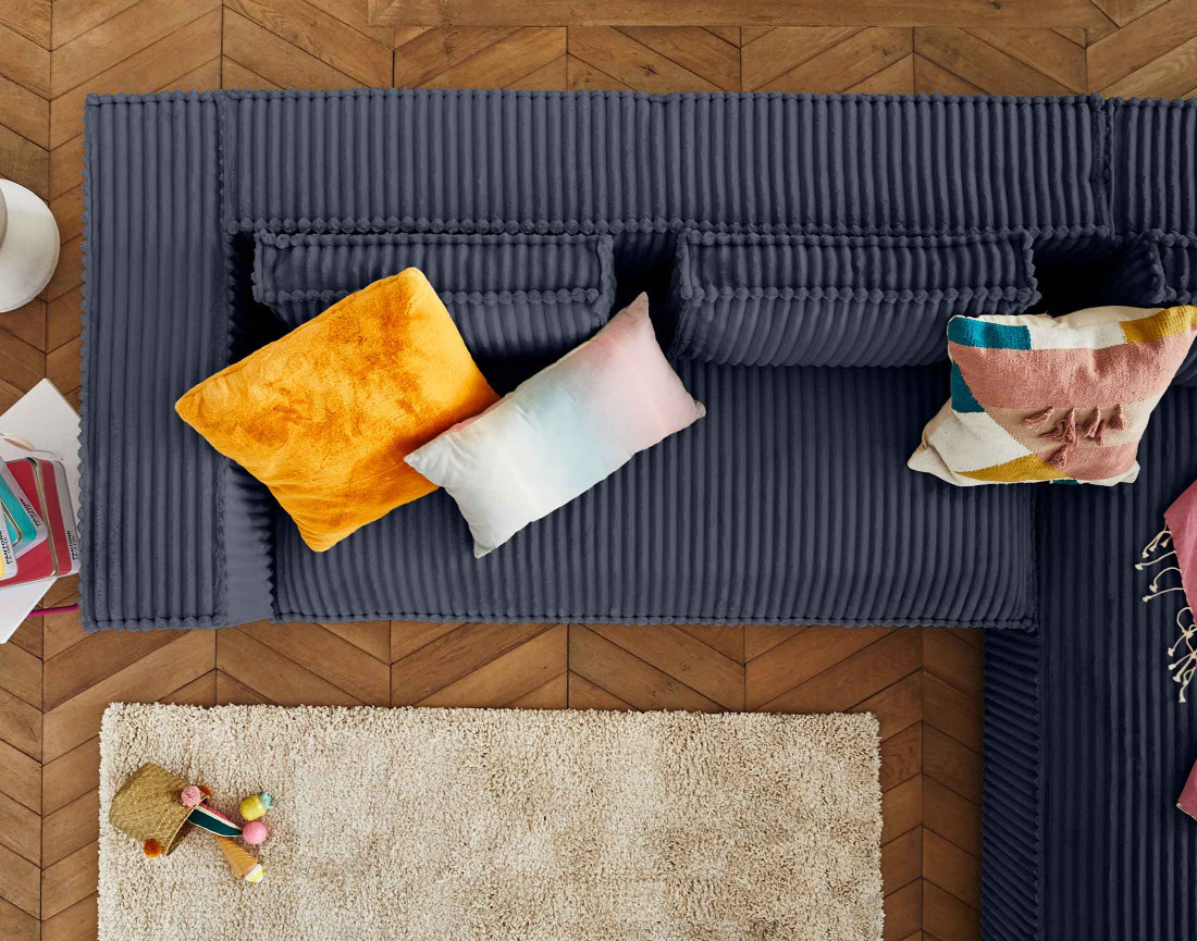 Canapé d'angle droit 4 places en velours côtelé grosses côtes Stella