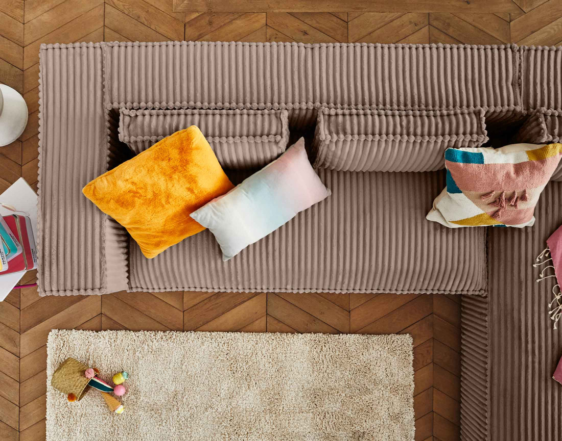 Canapé d'angle droit 4 places en velours côtelé grosses côtes Stella