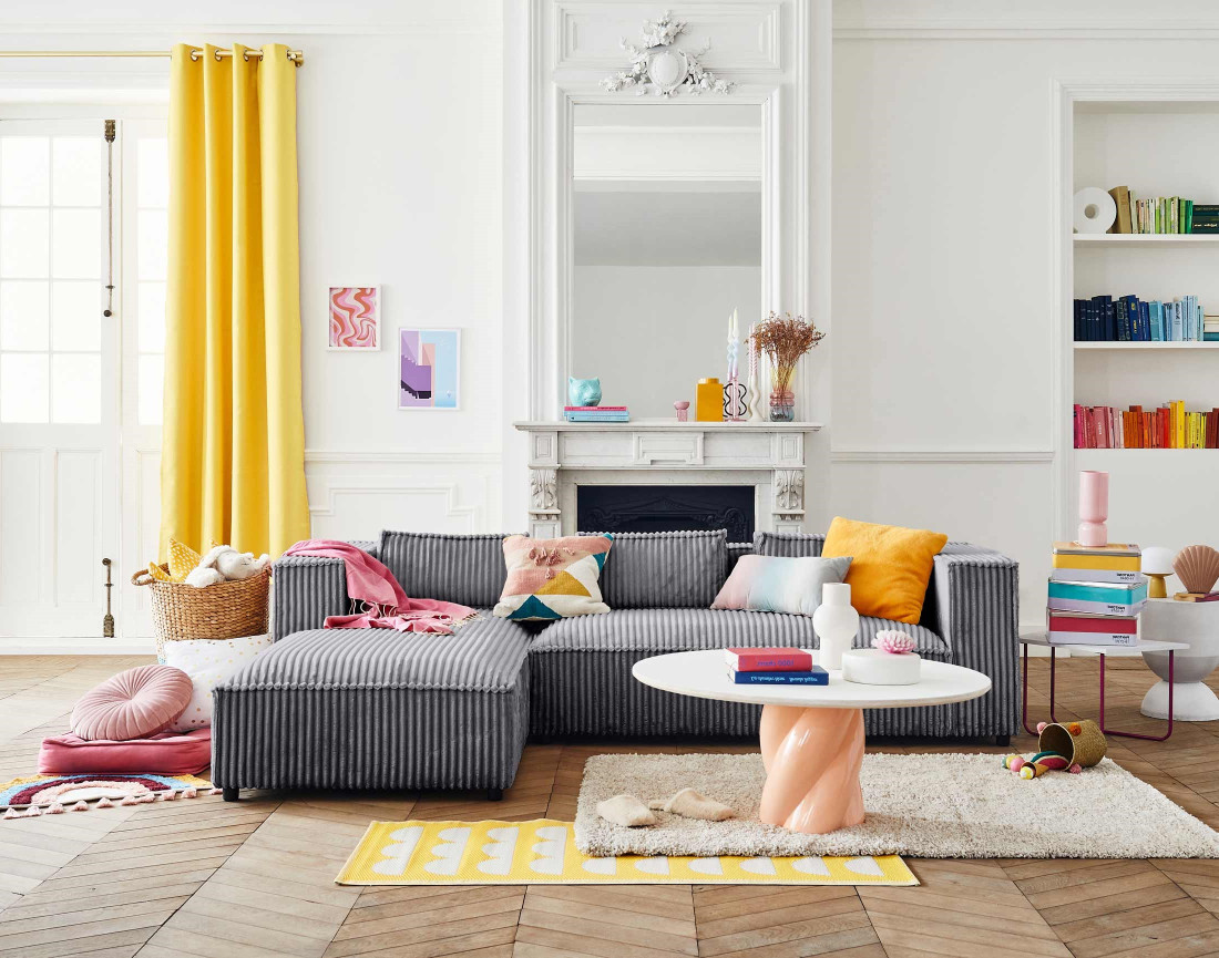 Canapé d'angle gauche 4 places en velours côtelé grosses côtes Stella