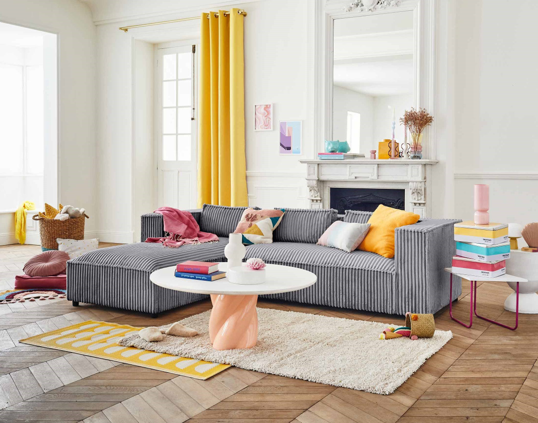 Canapé d'angle gauche 4 places en velours côtelé grosses côtes Stella