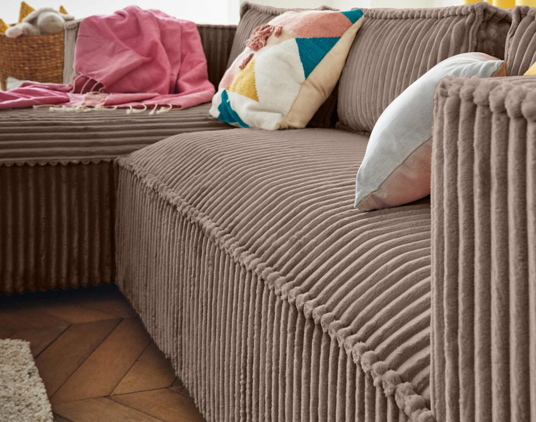 Canapé d'angle gauche 4 places en velours côtelé grosses côtes Stella