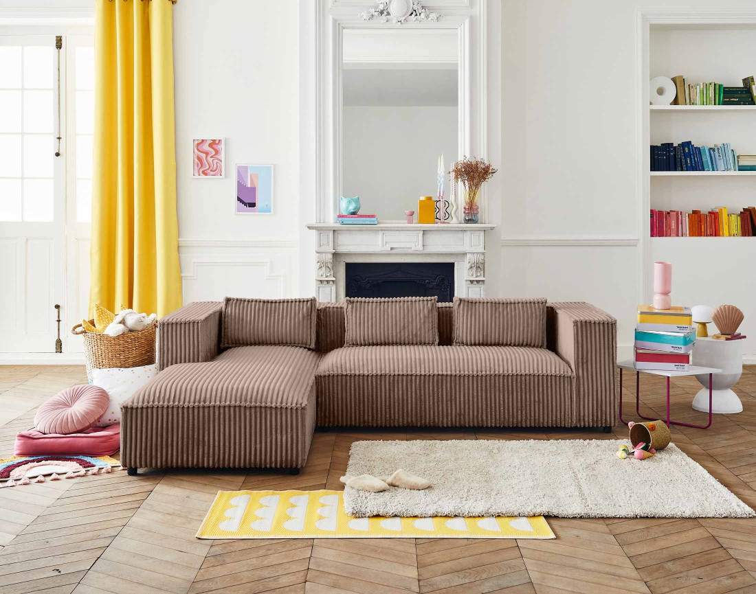 Canapé d'angle gauche 4 places en velours côtelé grosses côtes Stella