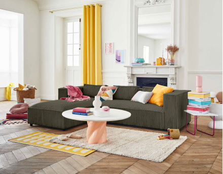 Canapé d'angle gauche 4 places en velours côtelé grosses côtes Stella