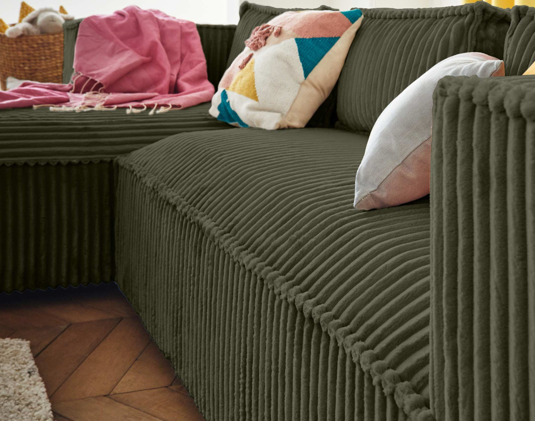 Canapé d'angle gauche 4 places en velours côtelé grosses côtes Stella