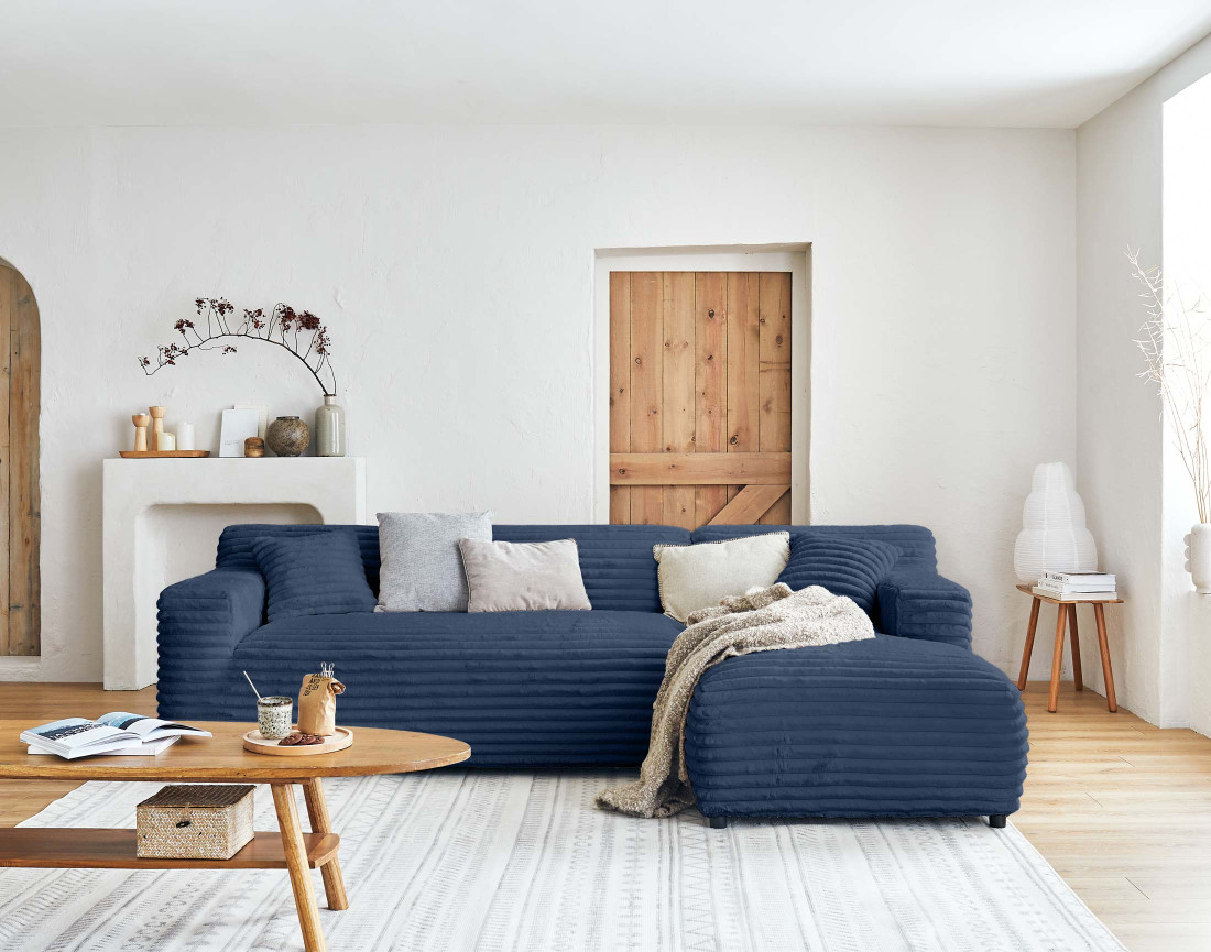 Canapé d'angle droit 4 places en fausse fourrure côtelée Laponie