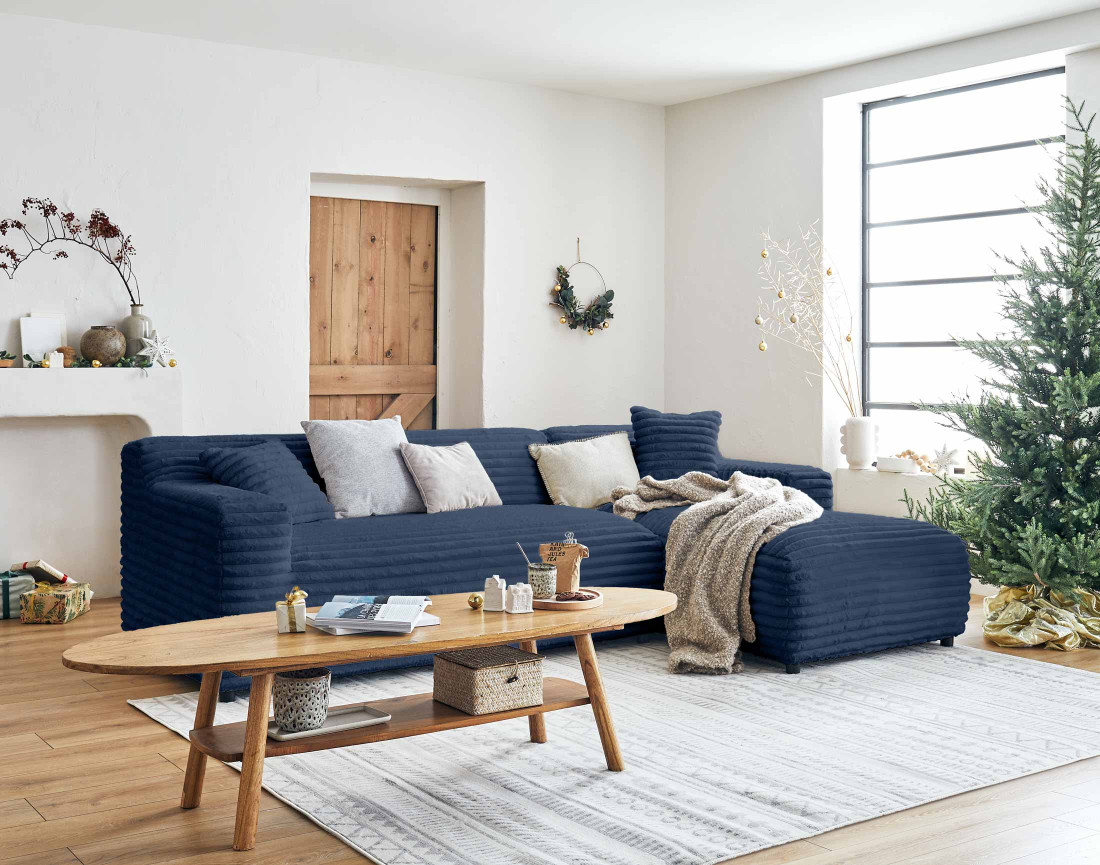 Canapé d'angle droit 4 places en fausse fourrure côtelée Laponie