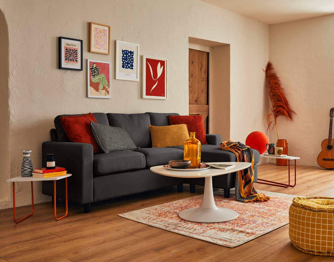 Canapé d'angle modulable 3 places + 1 pouf  en tissu - Vianon