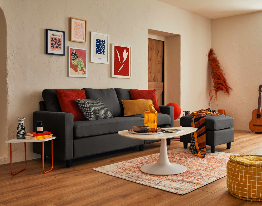 Canapé d'angle modulable 3 places + 1 pouf  en tissu - Vianon