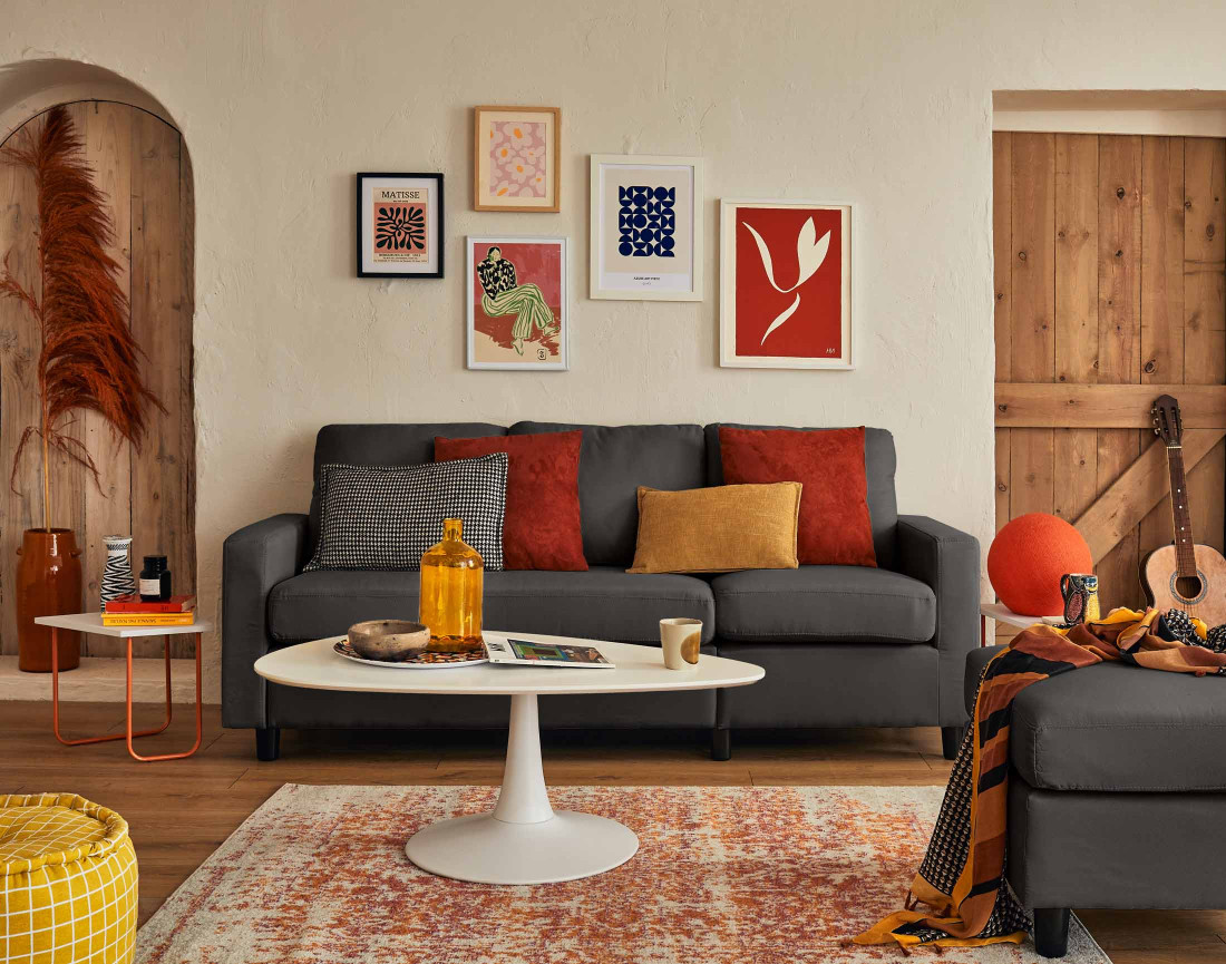 Canapé d'angle modulable 3 places + 1 pouf  en tissu - Vianon