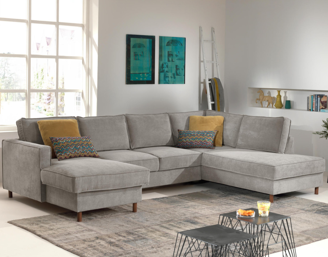 Canapé panoramique d'angle droit convertible avec coffre 7 places en velours côtelé Jake