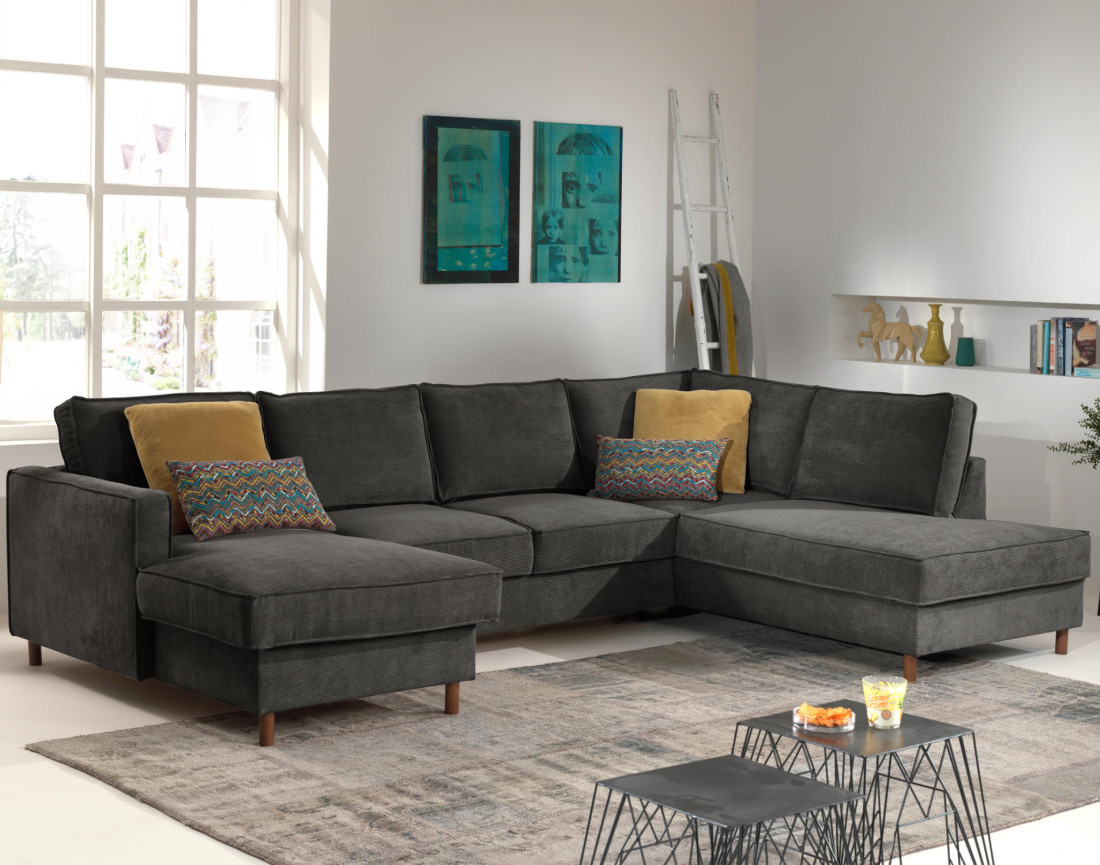 Canapé panoramique d'angle droit convertible avec coffre 7 places en velours côtelé Jake