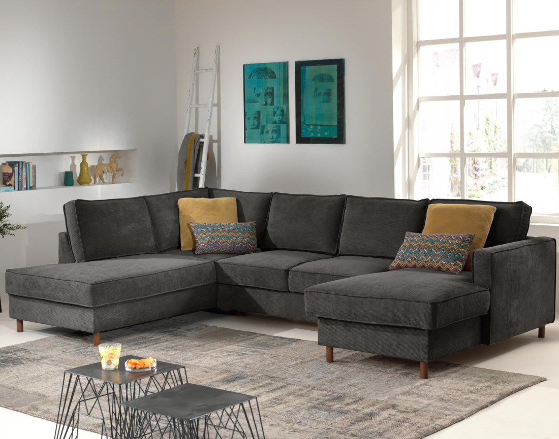 Canapé panoramique d'angle gauche convertible avec coffre 7 places en velours côtelé Jake