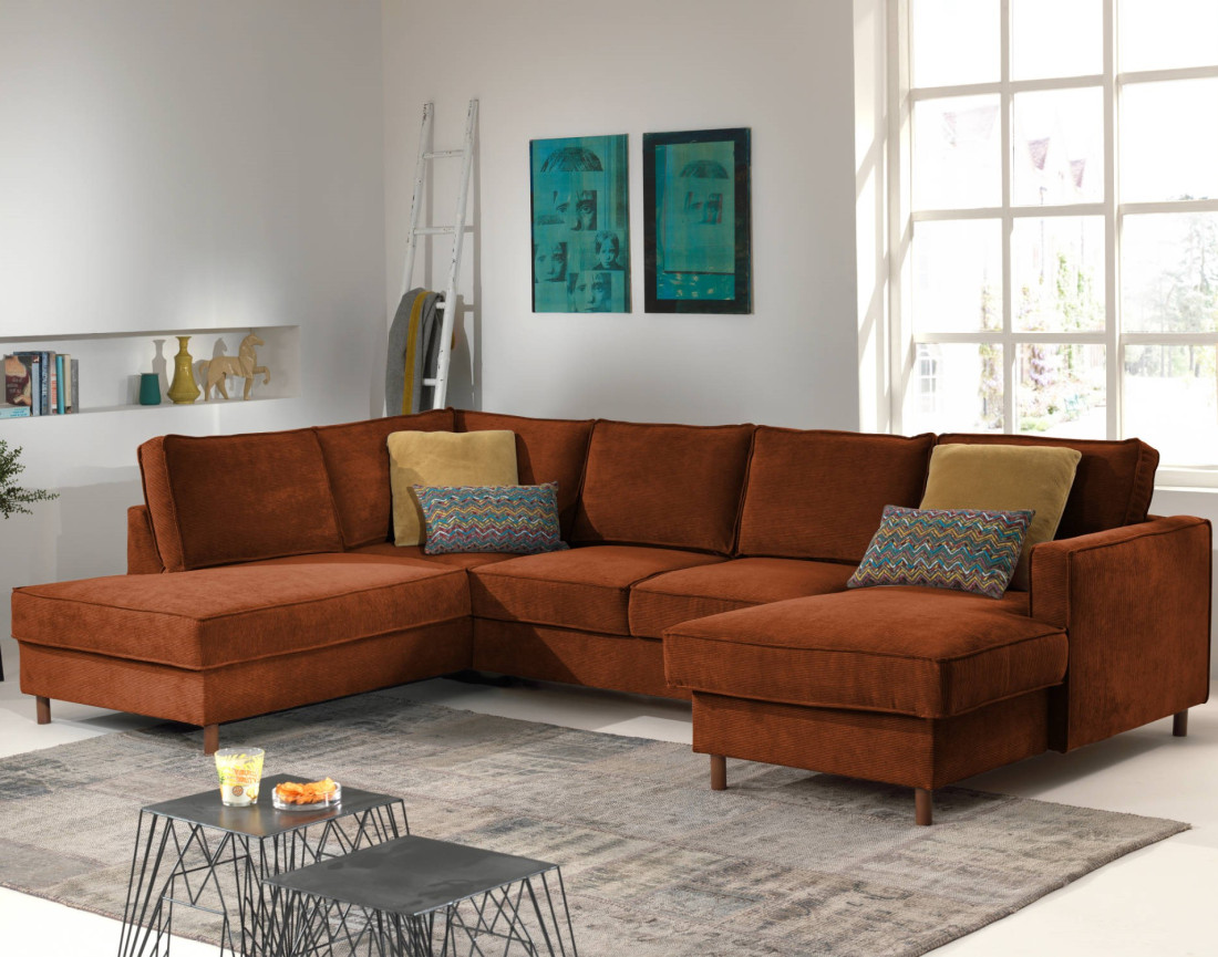 Canapé panoramique d'angle gauche convertible avec coffre 7 places en velours côtelé Jake