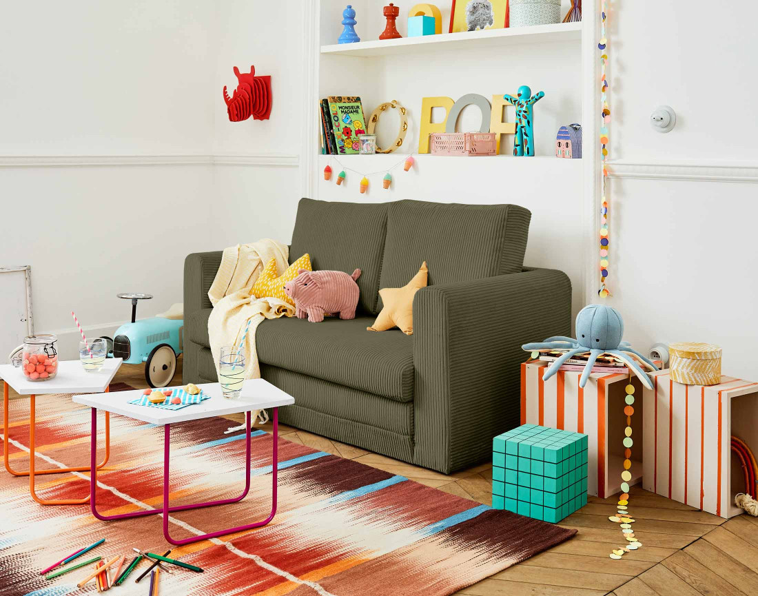 Canapé 2 places convertible déplimousse en velours côtelé Marilia