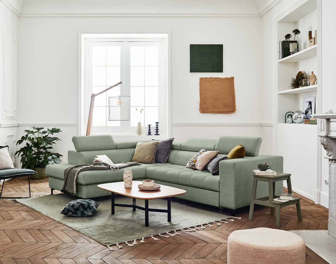 Canapé d'angle gauche 5 places convertible avec coffre et têtières en tissu Olinda