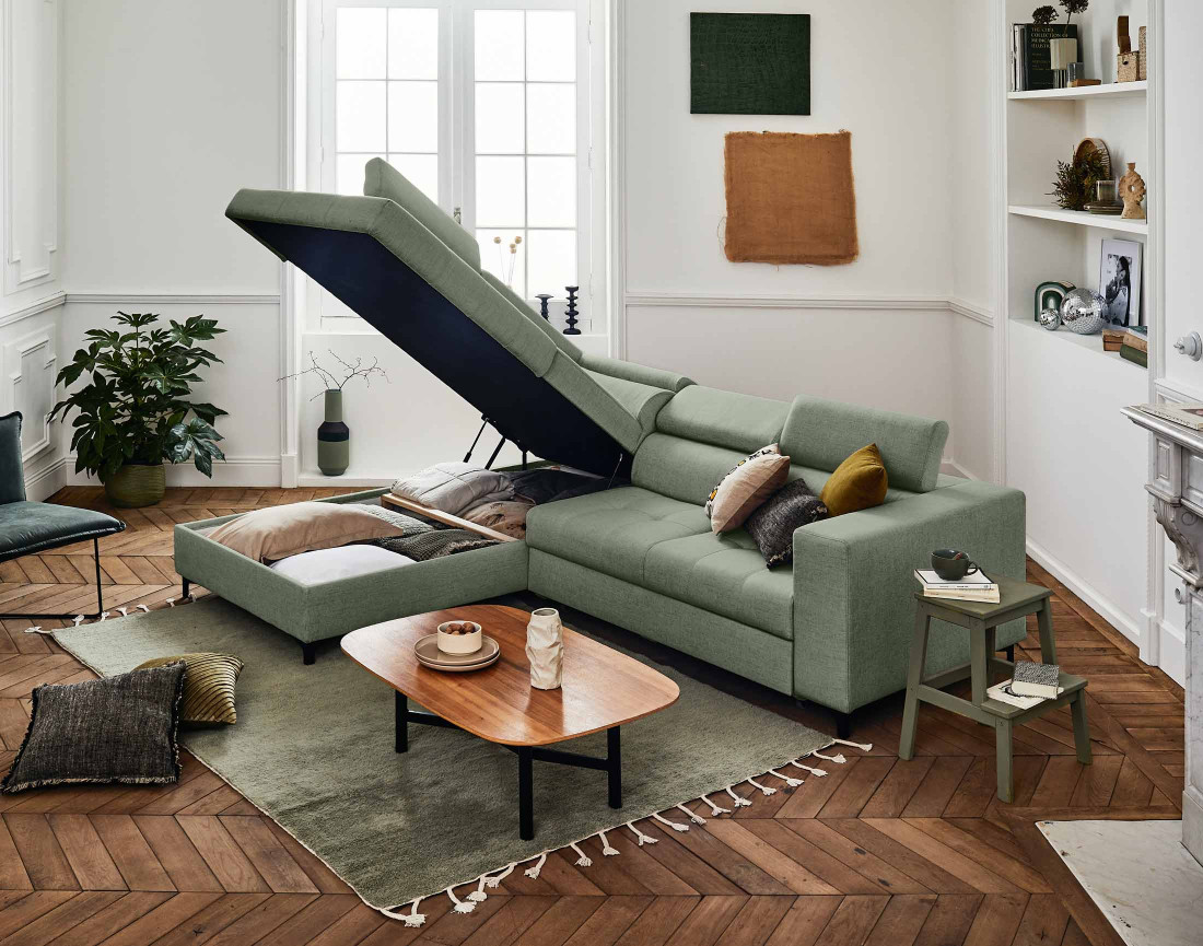 Canapé d'angle gauche 5 places convertible avec coffre et têtières en tissu Olinda