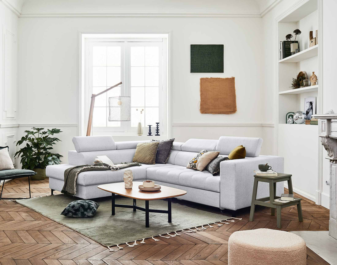 Canapé d'angle gauche 5 places convertible avec coffre et têtières en tissu Olinda