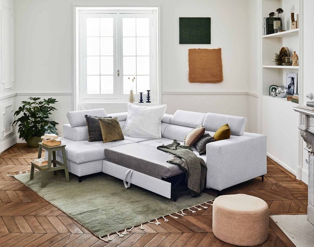 Canapé d'angle gauche 5 places convertible avec coffre et têtières en tissu Olinda