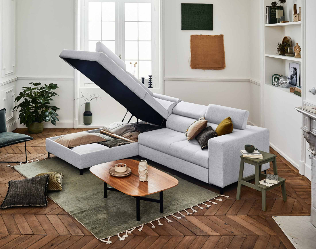 Canapé d'angle gauche 5 places convertible avec coffre et têtières en tissu Olinda