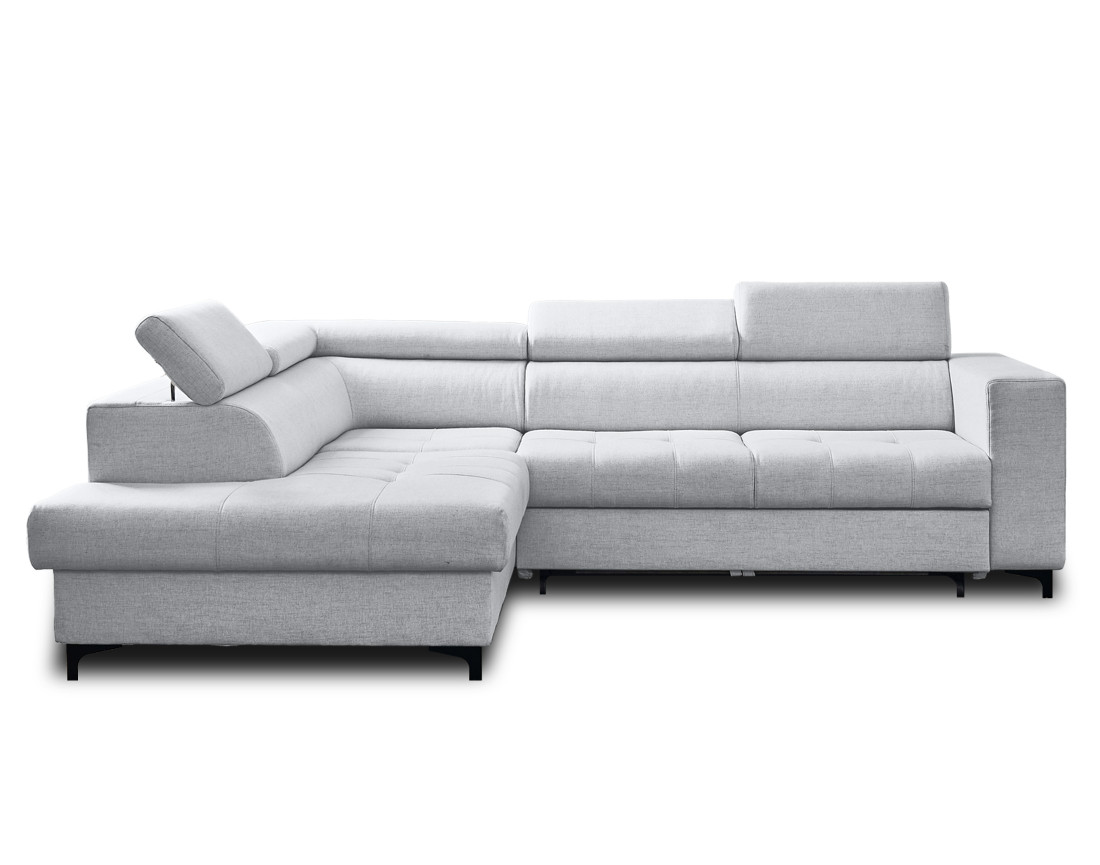 Canapé d'angle gauche 5 places convertible avec coffre et têtières en tissu Olinda