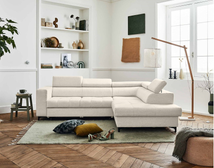 Canapé d'angle gauche 5 places convertible avec coffre et têtières réglables en tissu Olinda