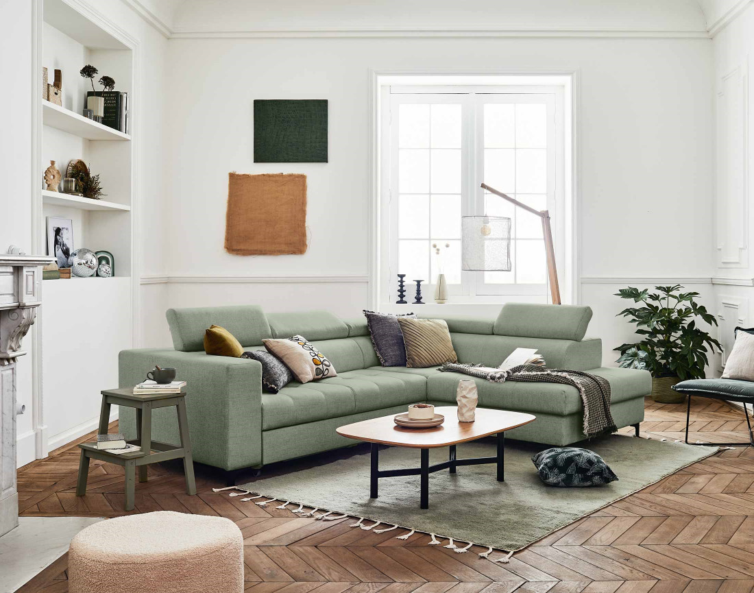 Canapé d'angle gauche 5 places convertible avec coffre et têtières réglables en tissu Olinda