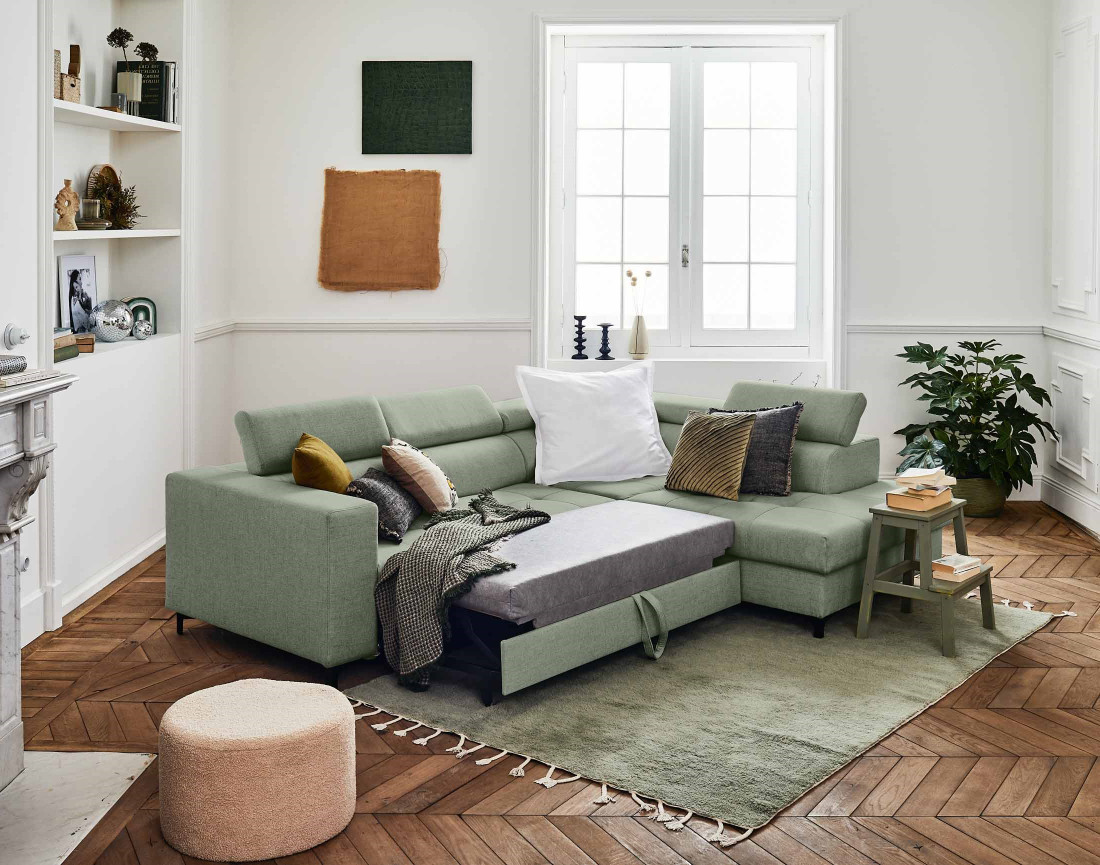 Canapé d'angle gauche 5 places convertible avec coffre et têtières réglables en tissu Olinda