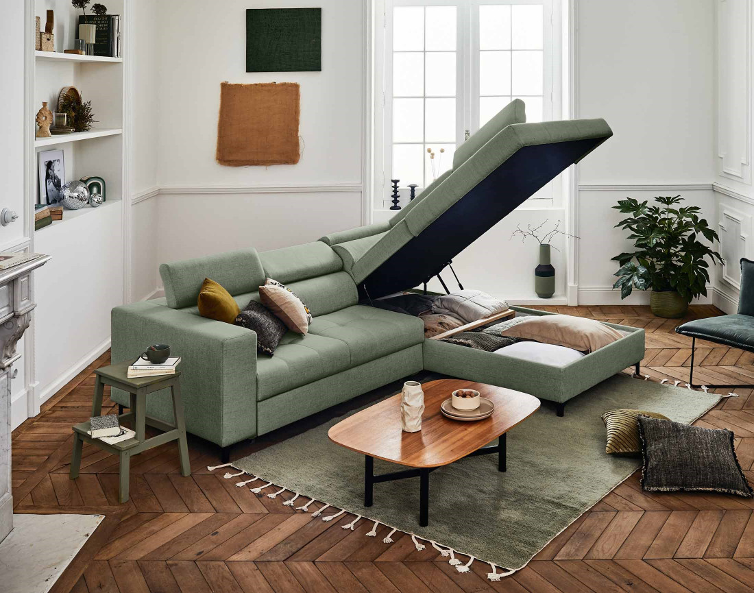 Canapé d'angle gauche 5 places convertible avec coffre et têtières réglables en tissu Olinda