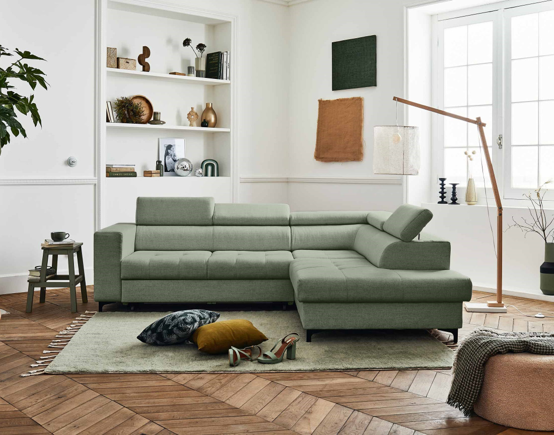 Canapé d'angle gauche 5 places convertible avec coffre et têtières réglables en tissu Olinda