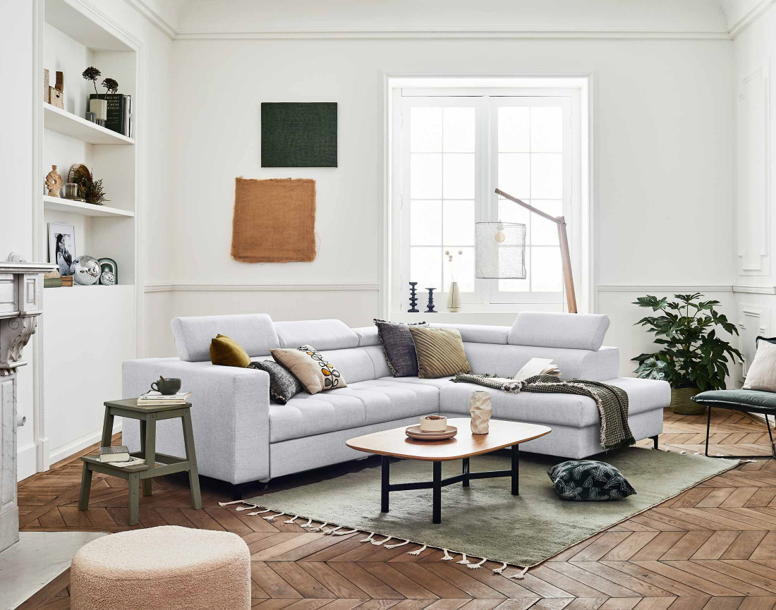 Canapé d'angle gauche 5 places convertible avec coffre et têtières réglables en tissu Olinda