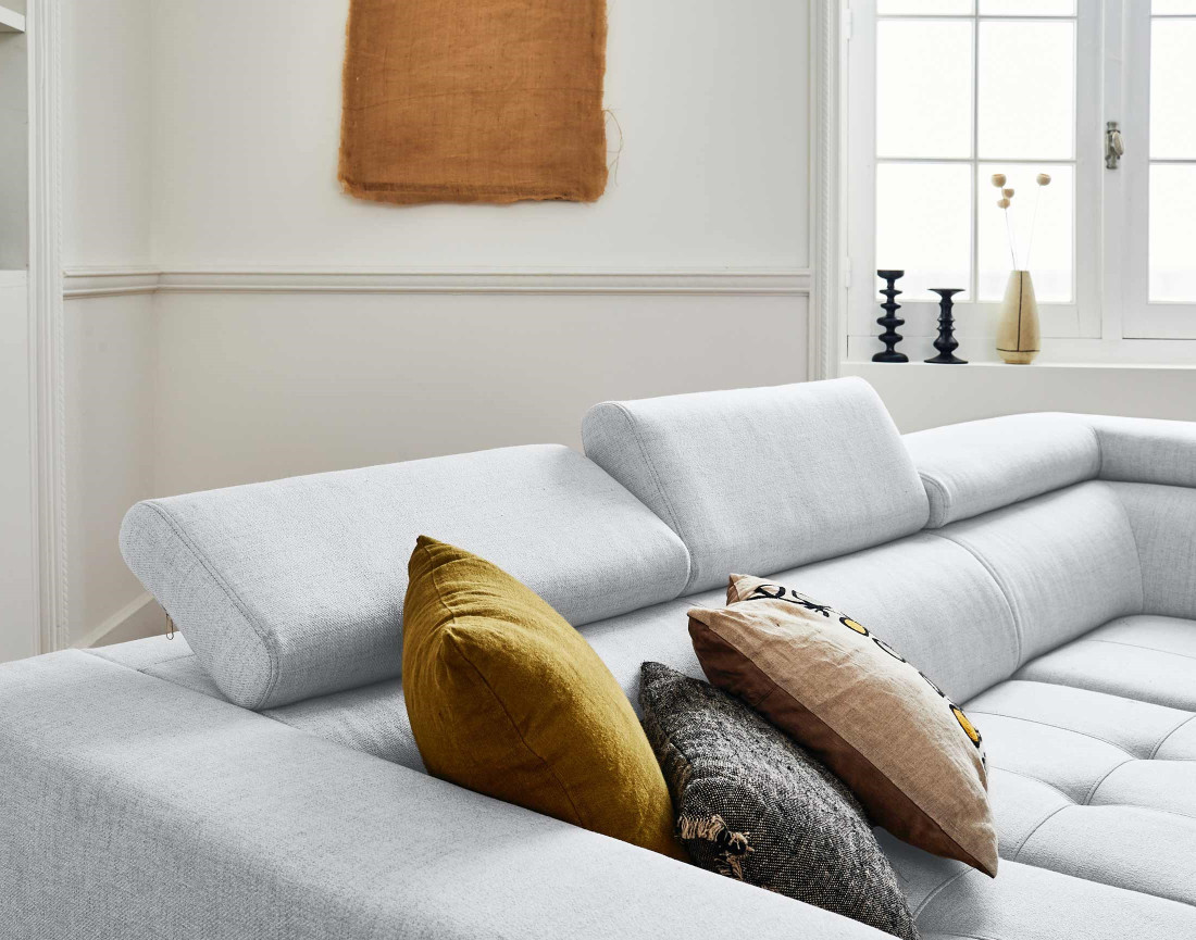 Canapé d'angle gauche 5 places convertible avec coffre et têtières réglables en tissu Olinda