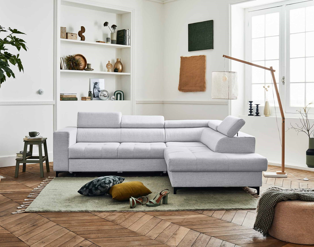 Canapé d'angle gauche 5 places convertible avec coffre et têtières réglables en tissu Olinda